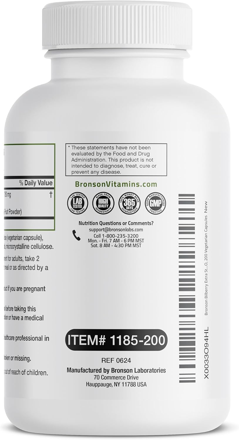 Bronson Bilberry Extra Strength Vaccinium Myrtillus, Promotes Eye Health And Supports Healthy Vision - Non Gmo, 60 Vegetarian Capsules : Health & Household