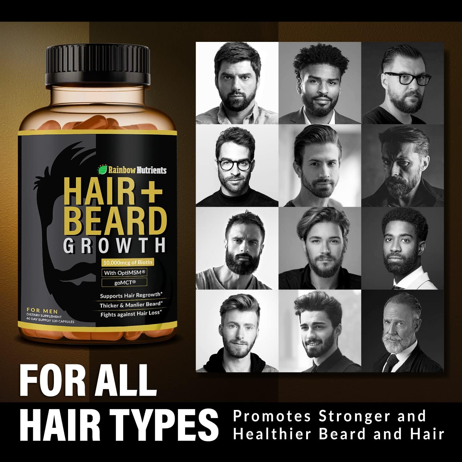 Hair + Beard Growth Vitamins For Men | Biotin 10,000Mcg, Collagen, Patented Optimsm®, Gomct®, Saw Palmetto | 60 Day Supply | Naturally Regrow Stronger, Thicker, Healthier Hair & Stops Hair Los : Beauty & Personal Care