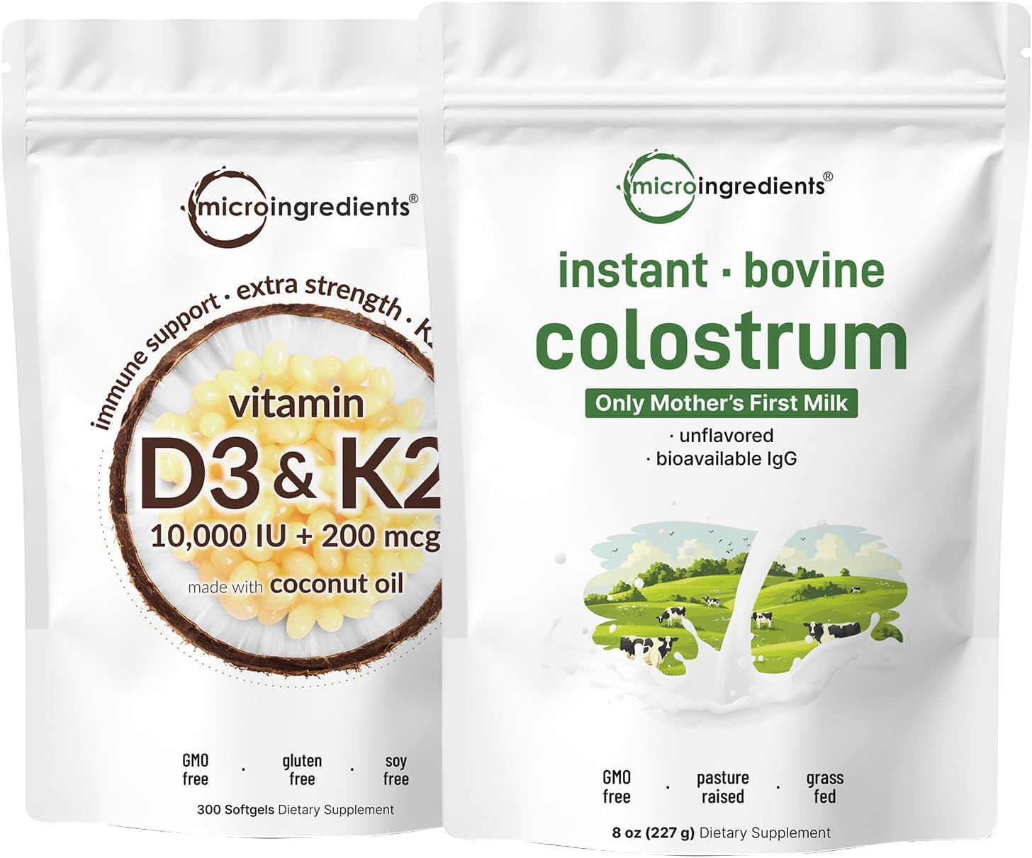 Micro Ingredients Vitamin D3 10,000Iu + K2 200Mcg Coconut Oil Softgels & Instant Colostrum Powder Bundle 2 Pack | Essential Sunshine Vitamins | Grass-Fed Bovine Mother’S First Milk