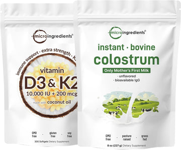 Micro Ingredients Vitamin D3 10,000Iu + K2 200Mcg Coconut Oil Softgels & Instant Colostrum Powder Bundle 2 Pack | Essential Sunshine Vitamins | Grass-Fed Bovine Mother’S First Milk