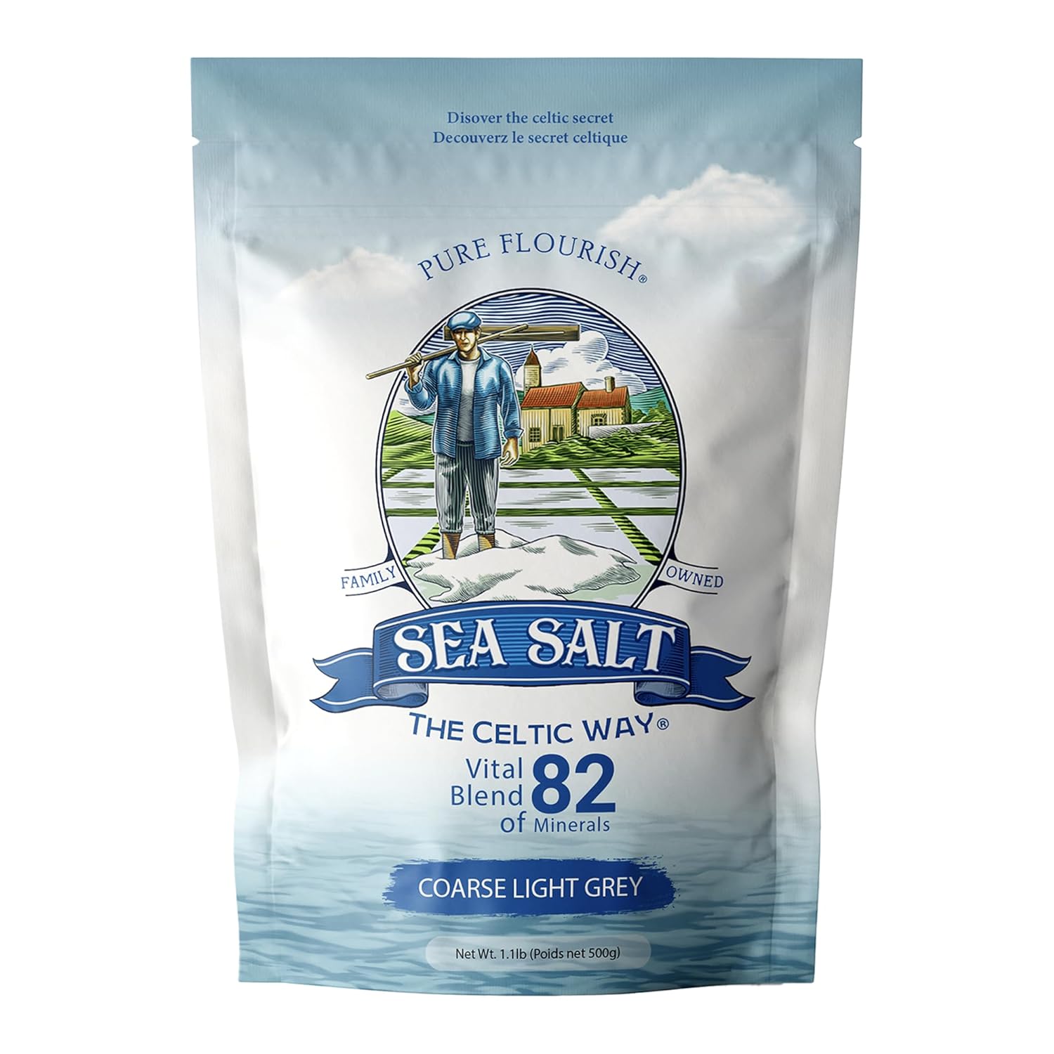Pure Flourish Sea Salt - The Celtic Way 1.1 Lb | Certified French Harvest & Import | Organic & Unrefined | Rich In 82 Essential Minerals | Hand Harvested Light Grey Celtic Salt Crystals From France