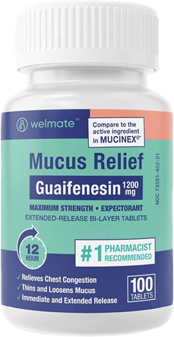 Welmate Mucus Relief | Guaifenesin 1200 Mg Maximum Strength | 100 Count Extended-Release Bi-Layer Tablets