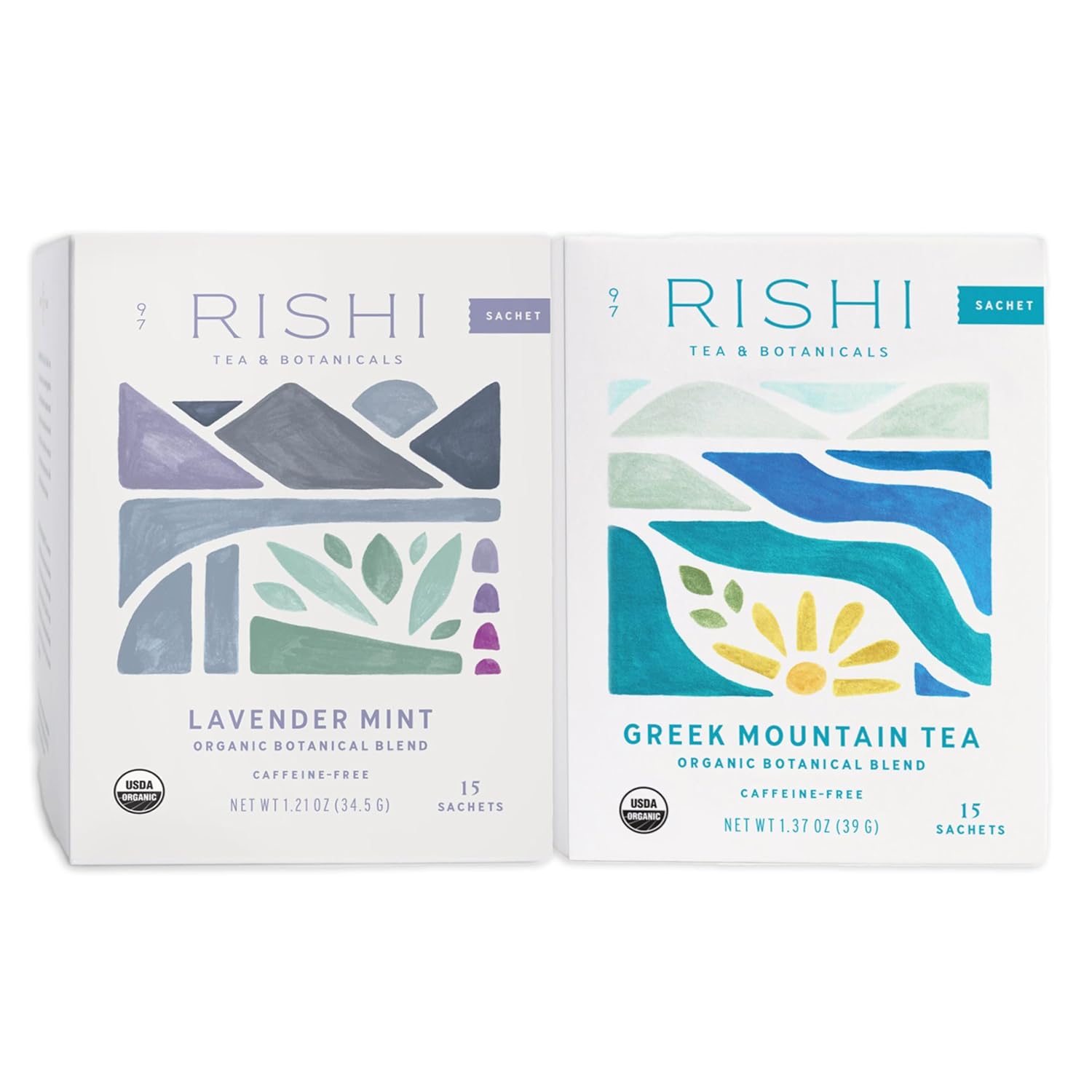 Rishi Tea Lavender Mint & Greek Mountain Herbal Tea - Organic Sachet Tea Bags, Caffeine Free Immune Support Tea Bundle - 15 Count (Pack Of 2)