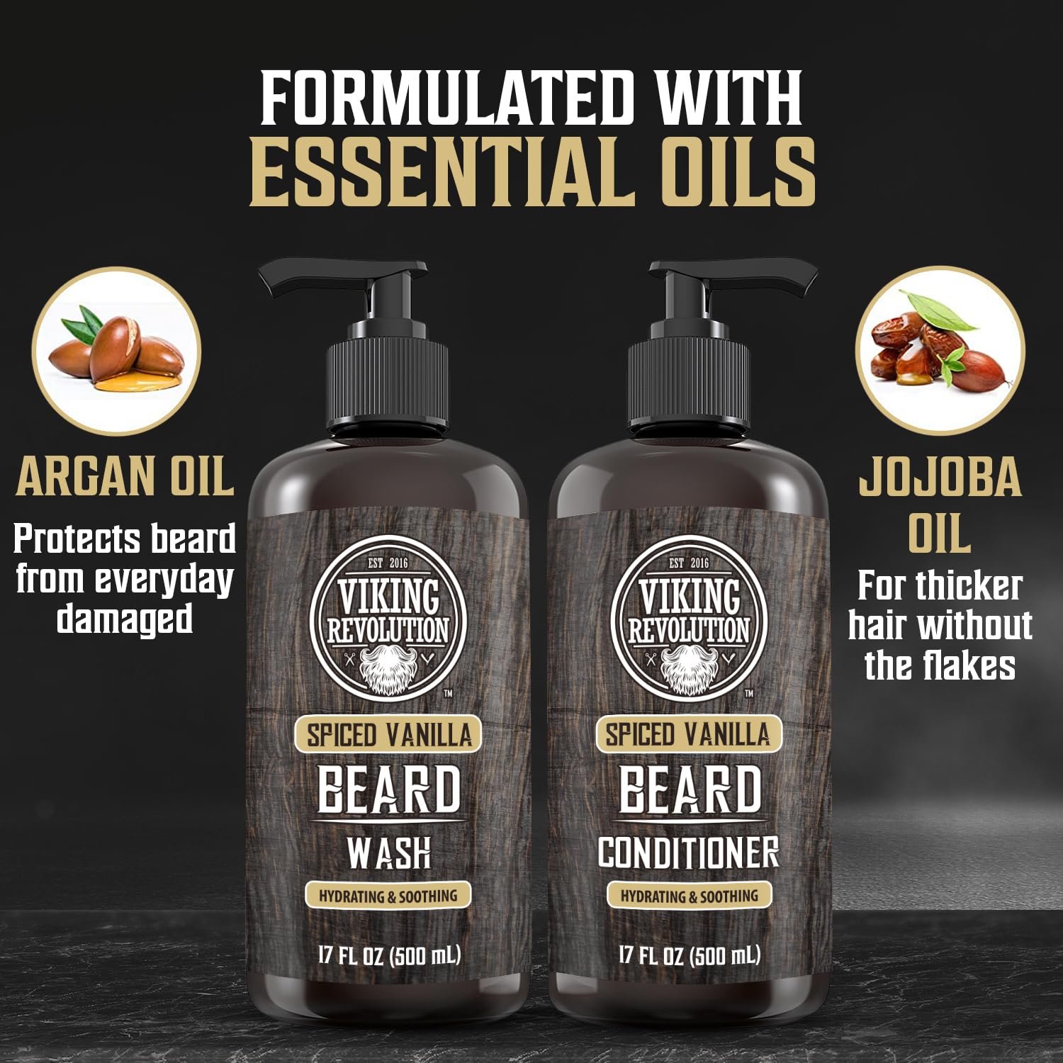 Viking Revolution Beard Wash and Beard Conditioner for Men with Argan Oil and Jojoba Oil - Beard Softener and Strengthener Beard Care Beard Shampoo and Conditioner with Beard Oil (17oz Spiced Vanilla) : Beauty & Personal Care