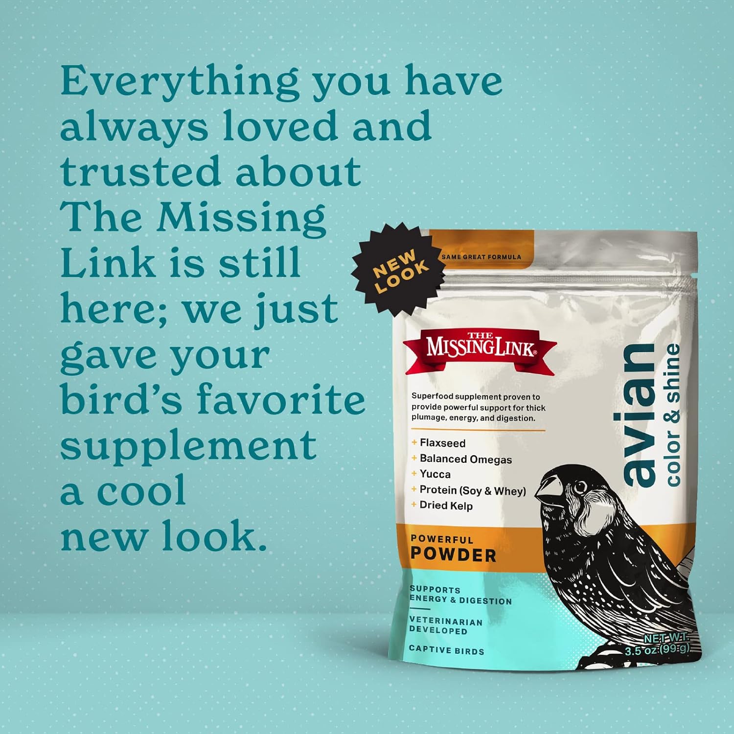 The Missing Link Avian Color & Shine Superfood Supplement Powder for Captive Birds - Flaxseed, Yucca, Kelp, Phytonutrients & Protein - Supports Energy, Plumage, Digestive & Immune Health - 3.5oz : Pet Supplements And Vitamins : Pet Supplies