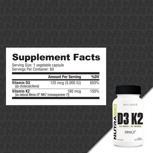 NutraBio Vitamin D3 K2 | 5000 IU D3 as Cholecalciferol with Vitamin K2 as MENA-Q MK7 (180mcg) | Support Bone and Heart Health | Non-GMO, Gluten Free, Lactose Free | 60 Vegetable Capsules
