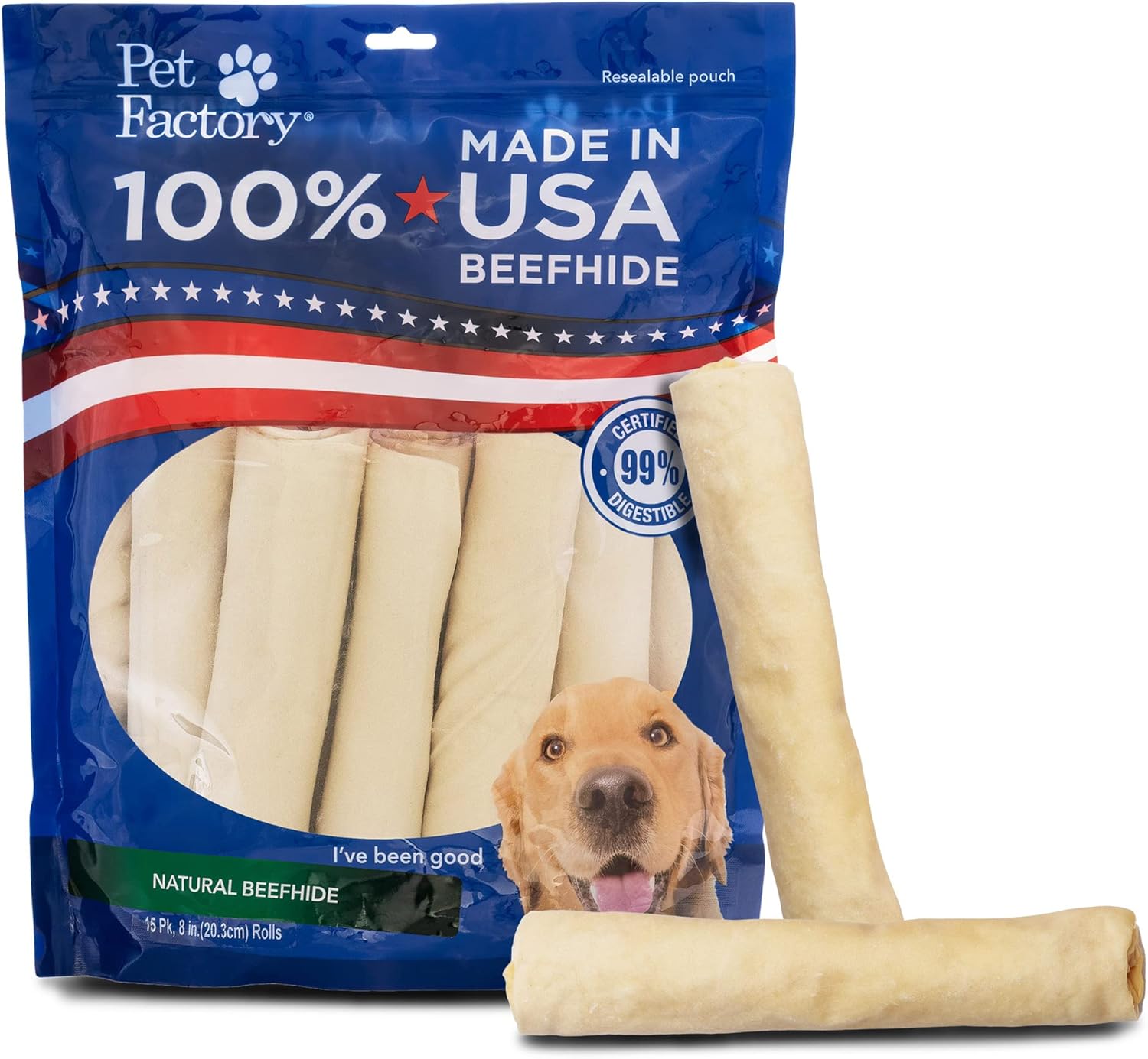 Pet Factory 100% Made In Usa Beefhide 8" Rolls Dog Chew Treats - Natural Flavor, 15 Count/1 Pack