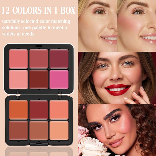 12 Colors Cream [Blush Contour Concealer Highlighter] Makeup Palette For Cheeks - All In One Makeup Palette Kit With Brush, Long Wearing Waterproof Blendable Face Make Up Pallete (#04)
