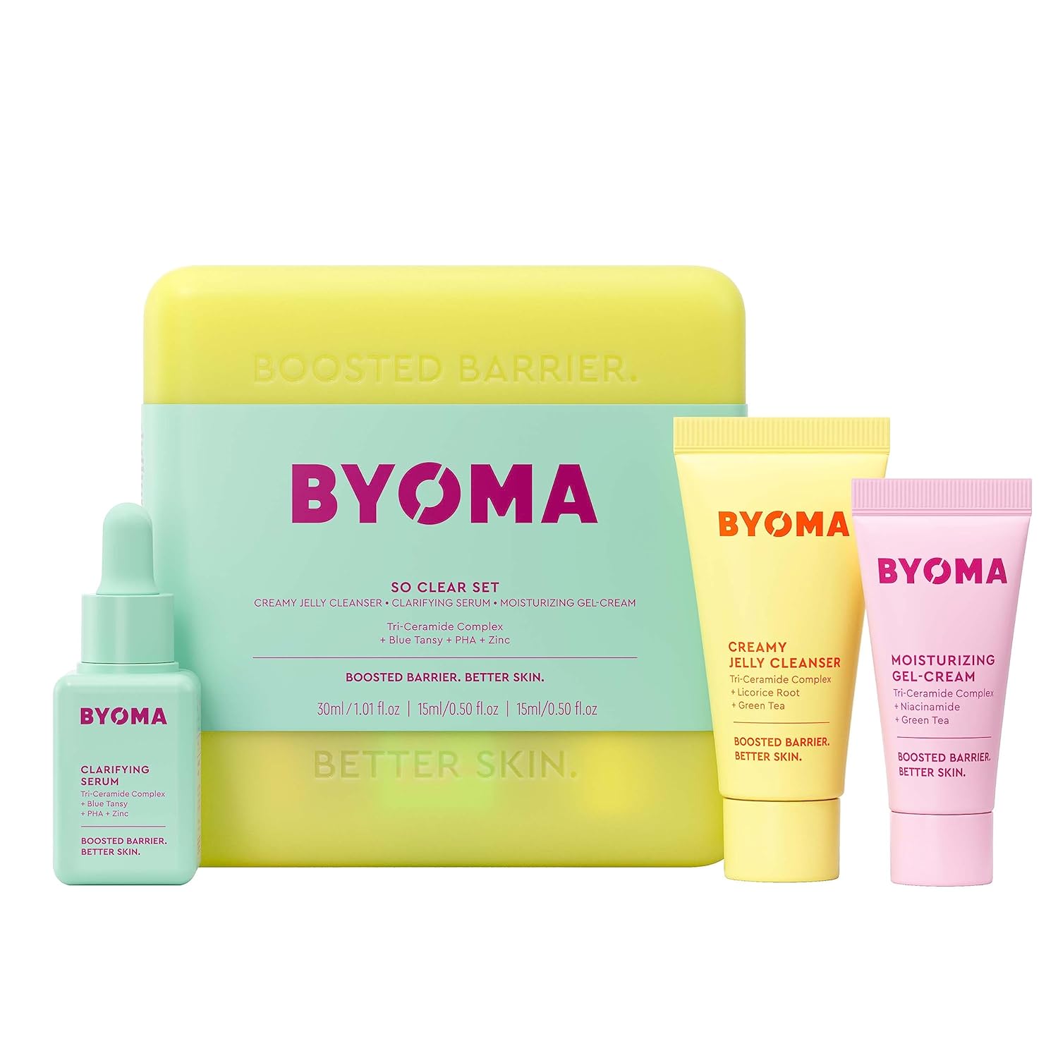 Byoma So Clear Set - Barrier Repair Skincare Set For Acne Prone Skin - Creamy Jelly Cleanser, Clarifying Face Serum & & Gel-Cream Moisturizer - Unclogs Pores, Targets Blemishes - 30Ml, 15Ml, 15Ml