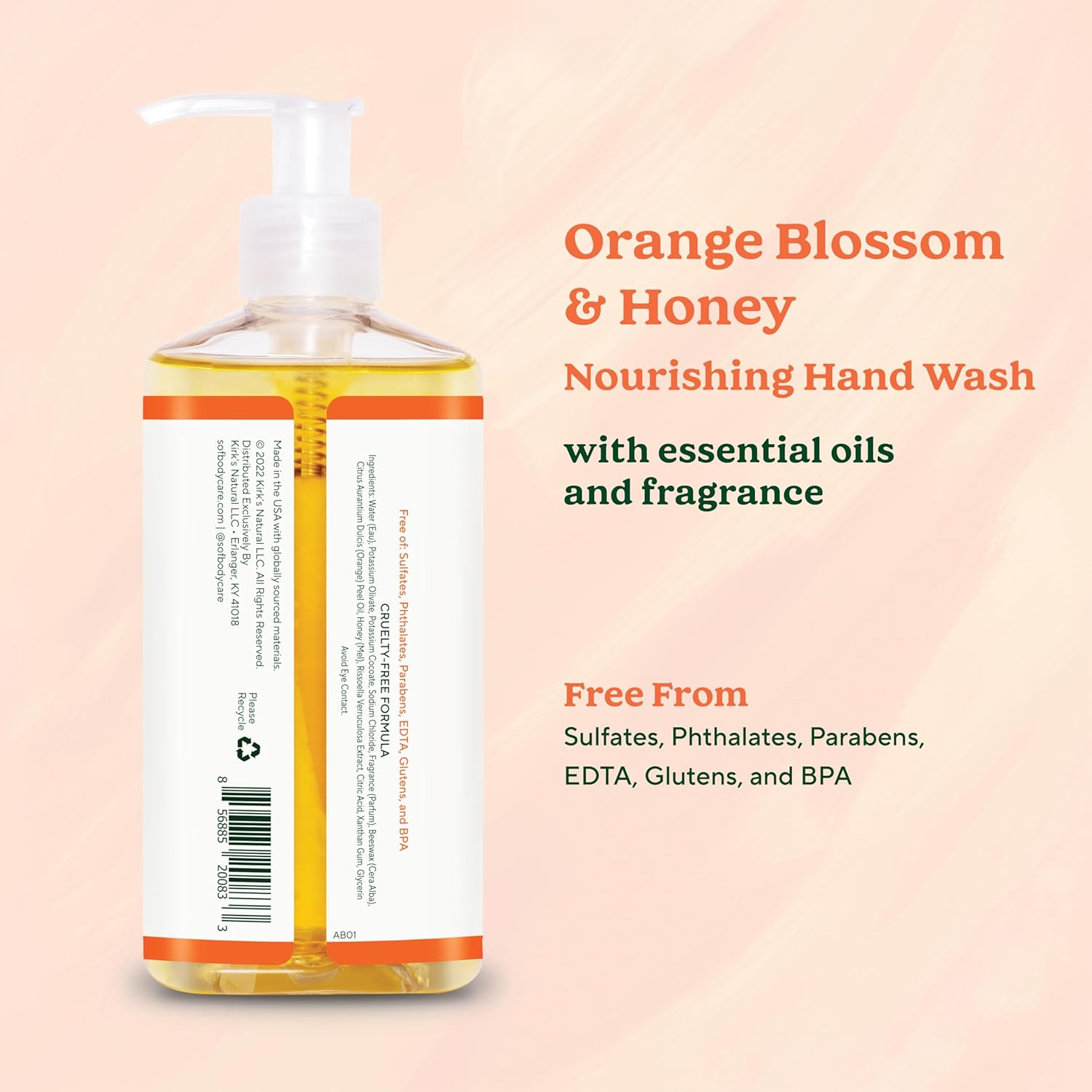 Sof Nourishing Hand Wash - With Moisturizing Sea Algae, Coconut & Olive Oil- Vegan & Non Gmo- Free From Phthalates, Sulfates & Parabens- Orange Blossom & Honey - 8 Oz Bottle 6 Pack