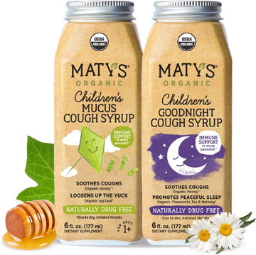 Matys Organic Kids Cough Syrup Mucus & Nighttime Value Pack for Children 1 Year + Up, Soothing All-in-One Cough and Mucus Relief w/Zinc & Organic Ivy Leaf, Melatonin & Dye Free, 2 Pack, 6 Fl Oz Each