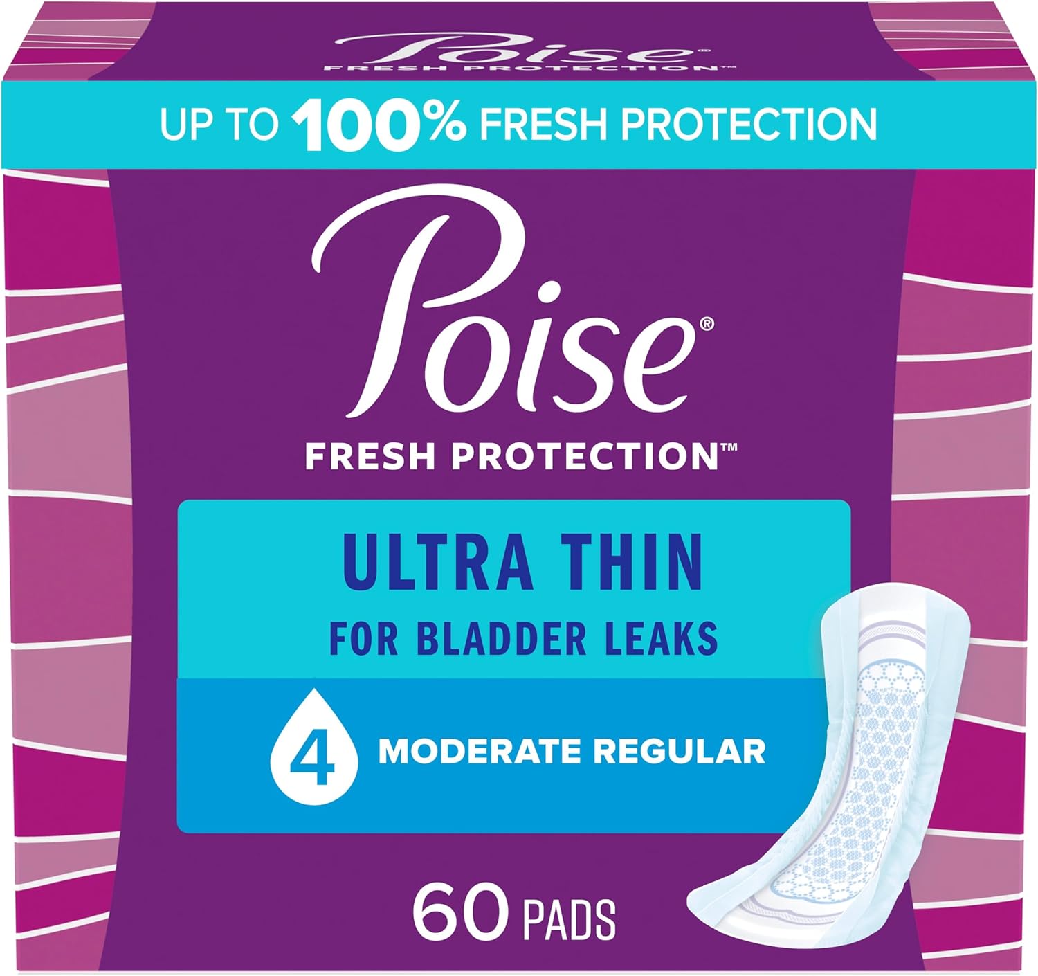 Poise Ultra Thin Incontinence Pads & Postpartum Incontinence Pads, 4 Drop Moderate Absorbency, Regular Length, 60 Count, Packaging May Vary