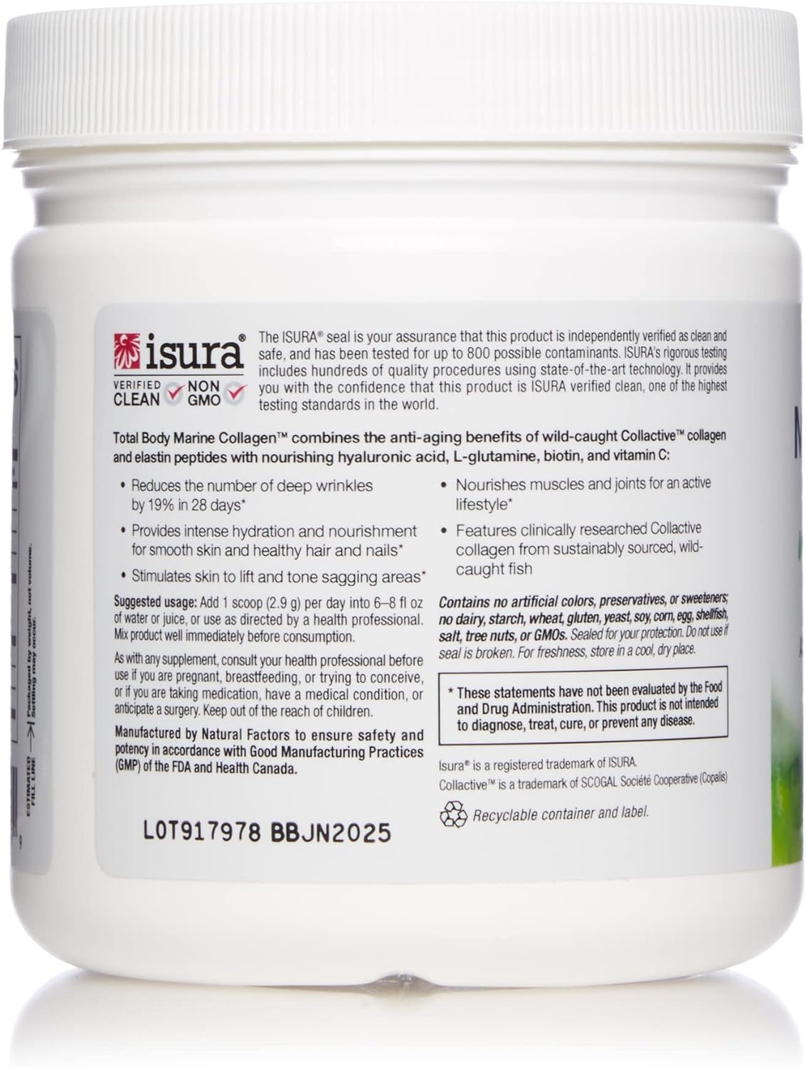Natural Factors, Total Body Marine Collagen, Bioactive Peptides Powder for Healthy Skin, Hair & Joints, Unflavored, 4.8 Oz : Health & Household