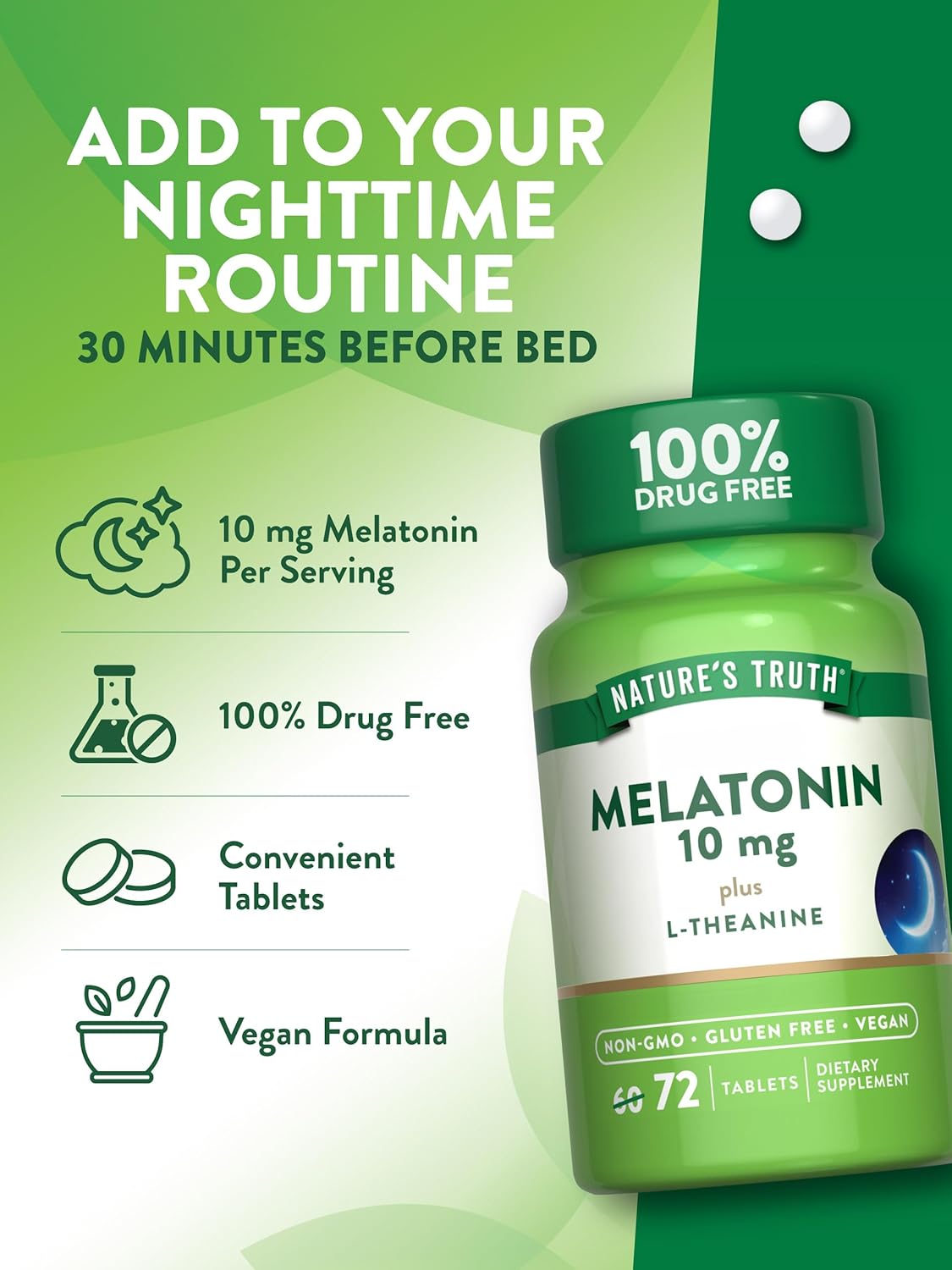 Melatonin 10 mg + L-Theanine | 72 Tablets | Maximum Strength | Vegetarian, Non-GMO, Gluten Free | by Nature's Truth. : Health & Household