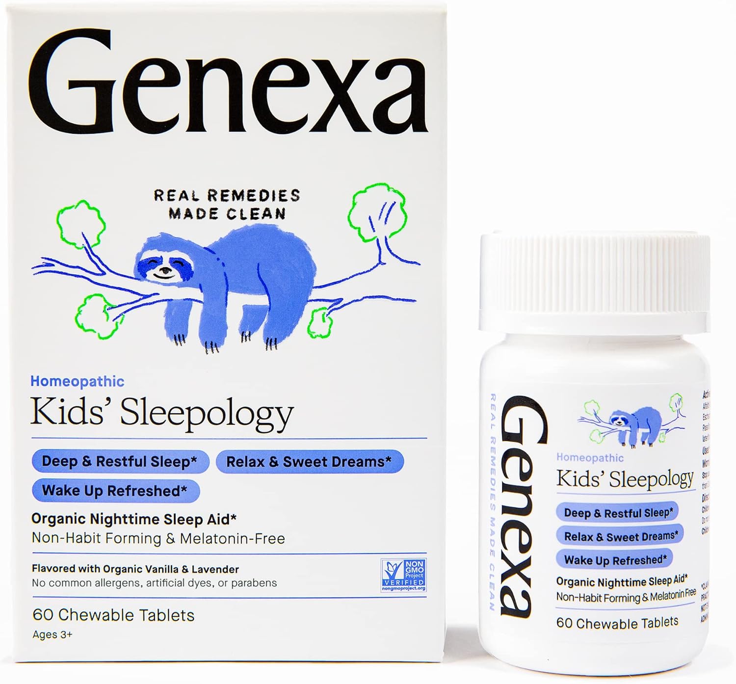 Genexa Kid'S Sleepology | Melatonin Free Childrens Sleep Aid |Soothing Natural Vanilla & Lavender Flavor | Certified Organic & Non-Gmo | Homeopathic Remedy Made Clean | 60 Chewable Tablets