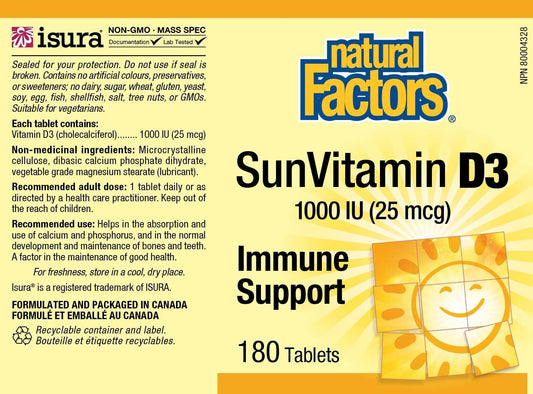 Natural Factors, Vitamin D3 1000 IU (25 mcg), Supports Strong Bones, Muscles and Immune Function, 180 Tablets