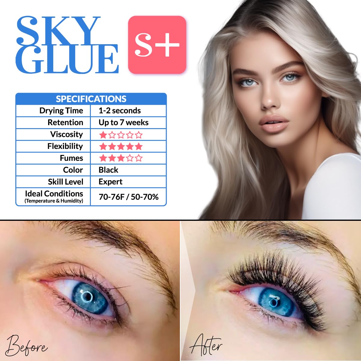 2 Bottles Sky Glue For Eyelash Extensions S+ | Super Strong Black Lash Extension Adhesive For Professional Long Lasting Semi Permanent Individual Lash Extensions | Fast Drying / 7+ Week Retention 5Ml