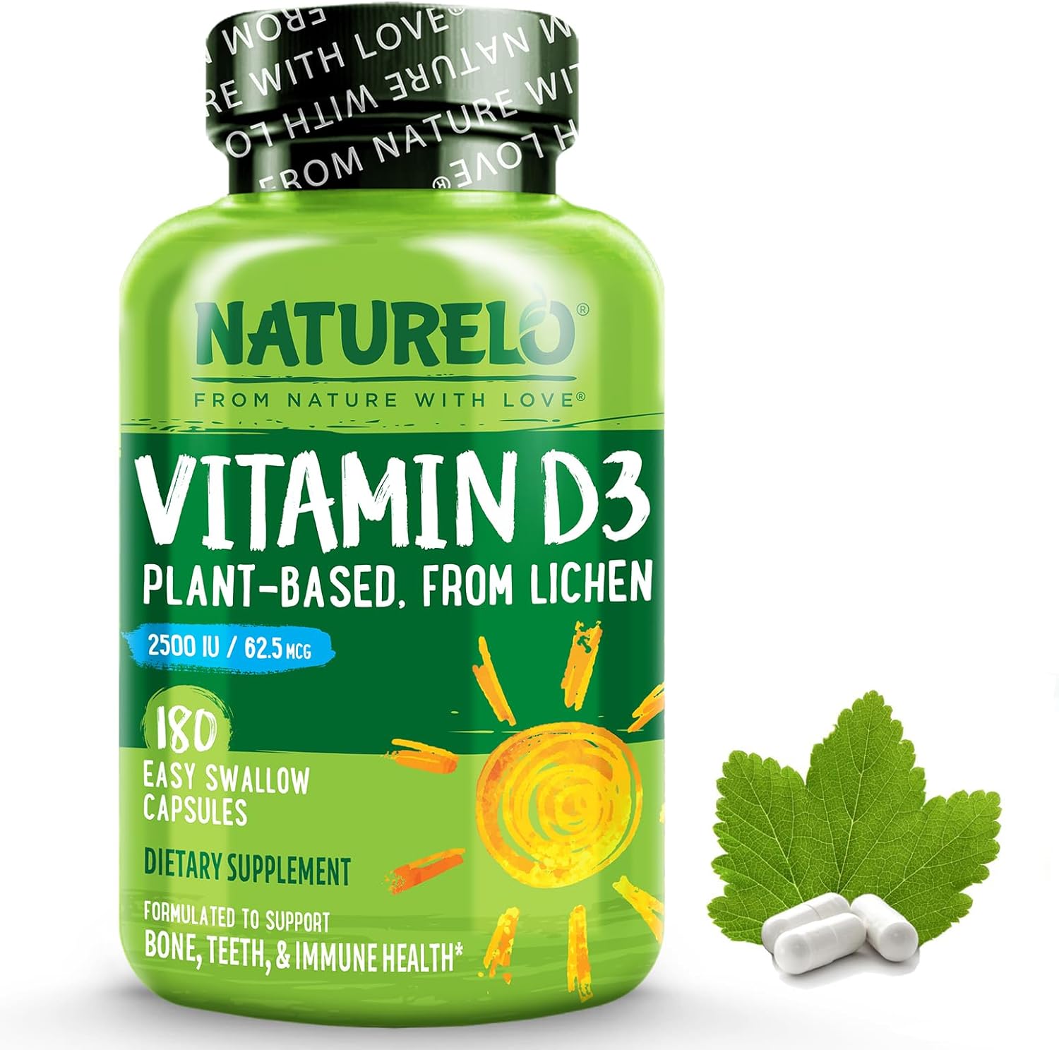 Naturelo Vitamin D - 2500 Iu - Plant Based From Lichen - Natural D3 Supplement For Immune System, Bone Support, Joint Health - Vegan - Non-Gmo - Gluten Free - 180 Mini Capsules