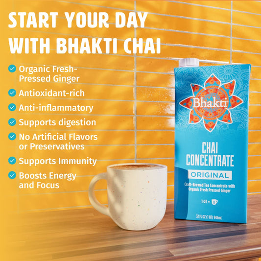 Bhakti Chai Fresh Ginger & Black Tea Concentrate, Original, Vegan, Organic, Fair Trade, Kosher, Gluten-Free, & All-Natural Clean Ingredients, 32 Ounce Carton