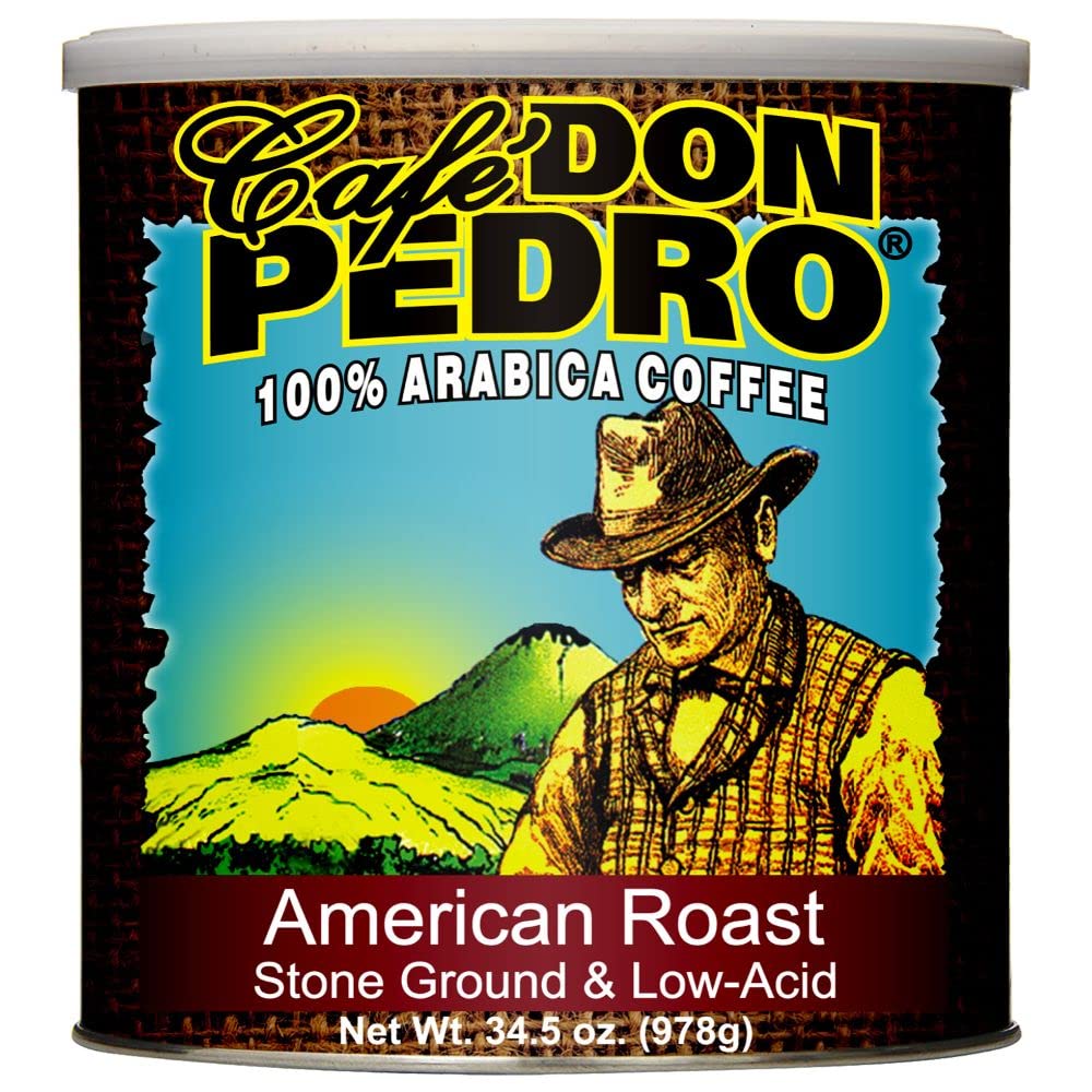 Cafe Don Pedro American Roast Naturally Low Acid Coffee - 34.5 Ounce Large Can For Coffee Lovers With Sensitive Stomachs - Delicious, Smooth Flavor, Medium Roast Stone Ground Coffee