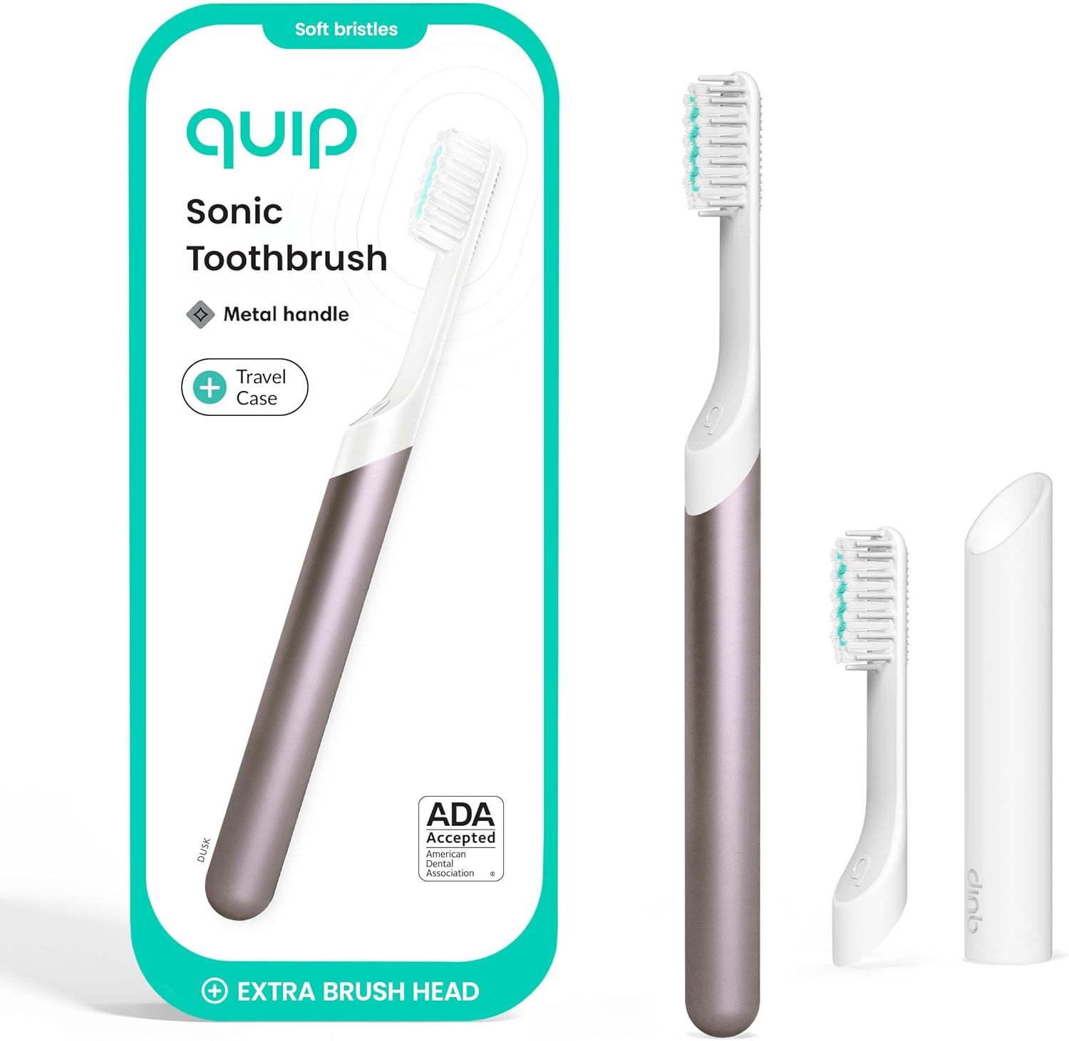 Quip Metal Sonic Toothbrush, Electric Toothbrush For Adults –Time Travel & Soft Bristles With Travel Case & Replaceable Brush Head -3-Month Battery Life - Moonrise Champagne