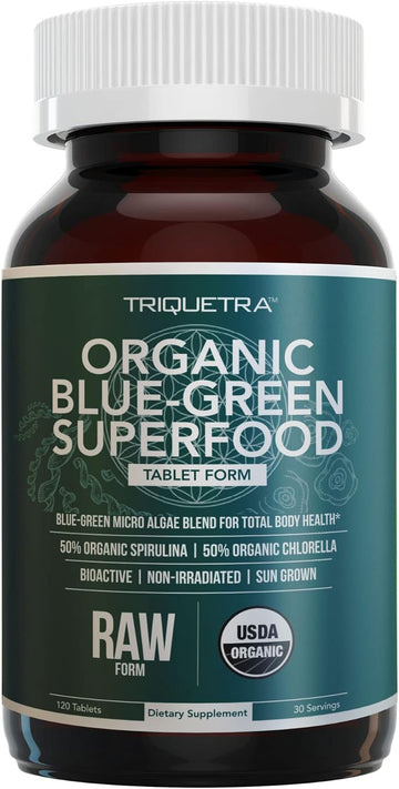 Organic Spirulina & Chlorella Tablets ? 4 Organic Certifications, Raw, Non-Irradiated ? 50/50 Blue Green Algae Blend ? Antioxidant Content Equal to 5 Servings of Vegetables (120 Tablets)