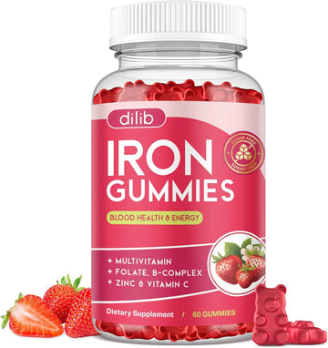 Iron Gummies With Multivitamin, Iron Supplement For Women & Men With Zinc, Vitamin B Complex & C, B12, Folate - Blood Builder & Energy Support For Adults & Kids - Strawberry Flavor, Vegan 60 Gummies