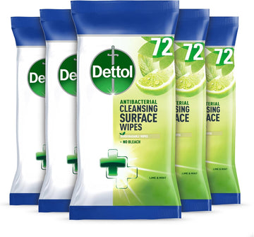 Dettol Antibacterial Surface Cleaning Disinfectant Wipes, Lime And Mint, Multipack Of 5 X 72, Total 360 Wipes