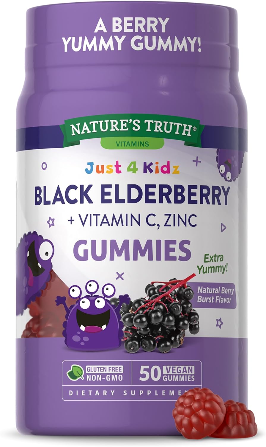 Kids Black Elderberry Gummies | 50 Count | with Zinc and Vitamin C | Vegan, Non-GMO & Gluten Free Supplement | by Nature's Truth