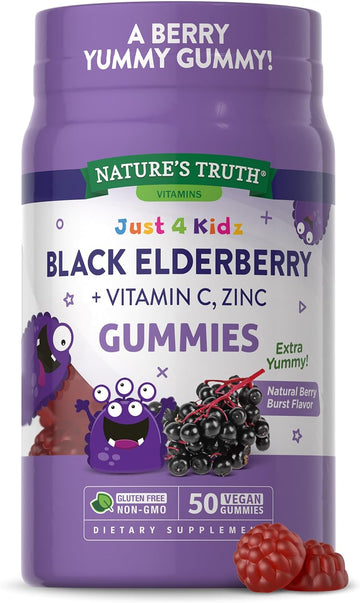 Kids Black Elderberry Gummies | 50 Count | with Zinc and Vitamin C | Vegan, Non-GMO & Gluten Free Supplement | by Nature's Truth