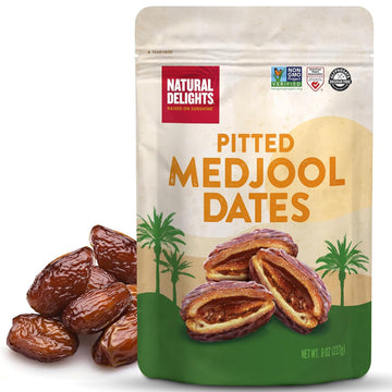 Natural Delights Medjool Dates – Large & Plump, Pitted Dates Medjool, Non-Gmo Verified, Pesticide Free, Naturally Sweet Fruit Snack, Perfect For On-The-Go - Medjool Dates Pitted, 12 Oz Container
