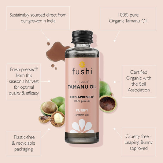 Fushi Wellbeing Organic Tamanu Oil Fresh-Pressed, Antioxidant & Vitamin E, Best For Scars, Blemishes, Damaged Hair, Manufactured In The Uk, 50 Ml