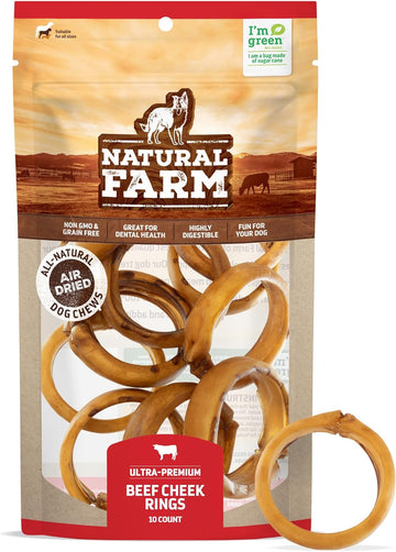 Natural Farm Cheek Bully Ring For Dogs, (10-Pack), Best Bully Stick Alternative, 100% Natural Beef Cheek, High Protein, Cleans Teeth, Long Lasting Chews For All Dog Sizes