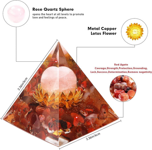 Flower Of Life Orgone Pyramid For Positive Energy, Orgonite Rose Quartz&Red Agate Healing Crystal Pyramids For Reduce Stress Chakra Reiki Healing Meditation Attracts Lucky And Success