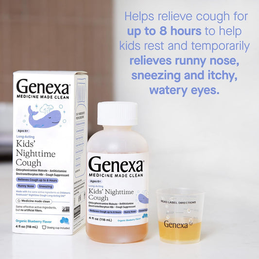 Genexa Kids' Nighttime Cough Medicine | Long-Acting Children’S Liquid Cough Suppressant And Temporary Relief For Runny Nose, And Sneezing For Kids 6+ | Delicious Organic Blueberry Flavor | 4 Fl Oz