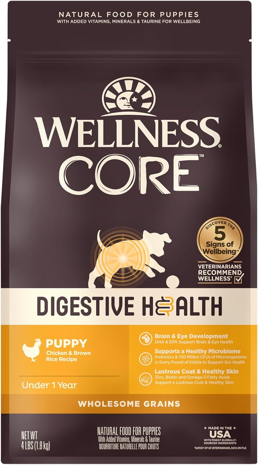 Wellness Core Digestive Health Dry Puppy Food With Wholesome Grains, Highly Digestible, For Dogs With Sensitive Stomachs, Made In Usa With Real Chicken (Puppy Under 1 Year, 4-Pound Bag)