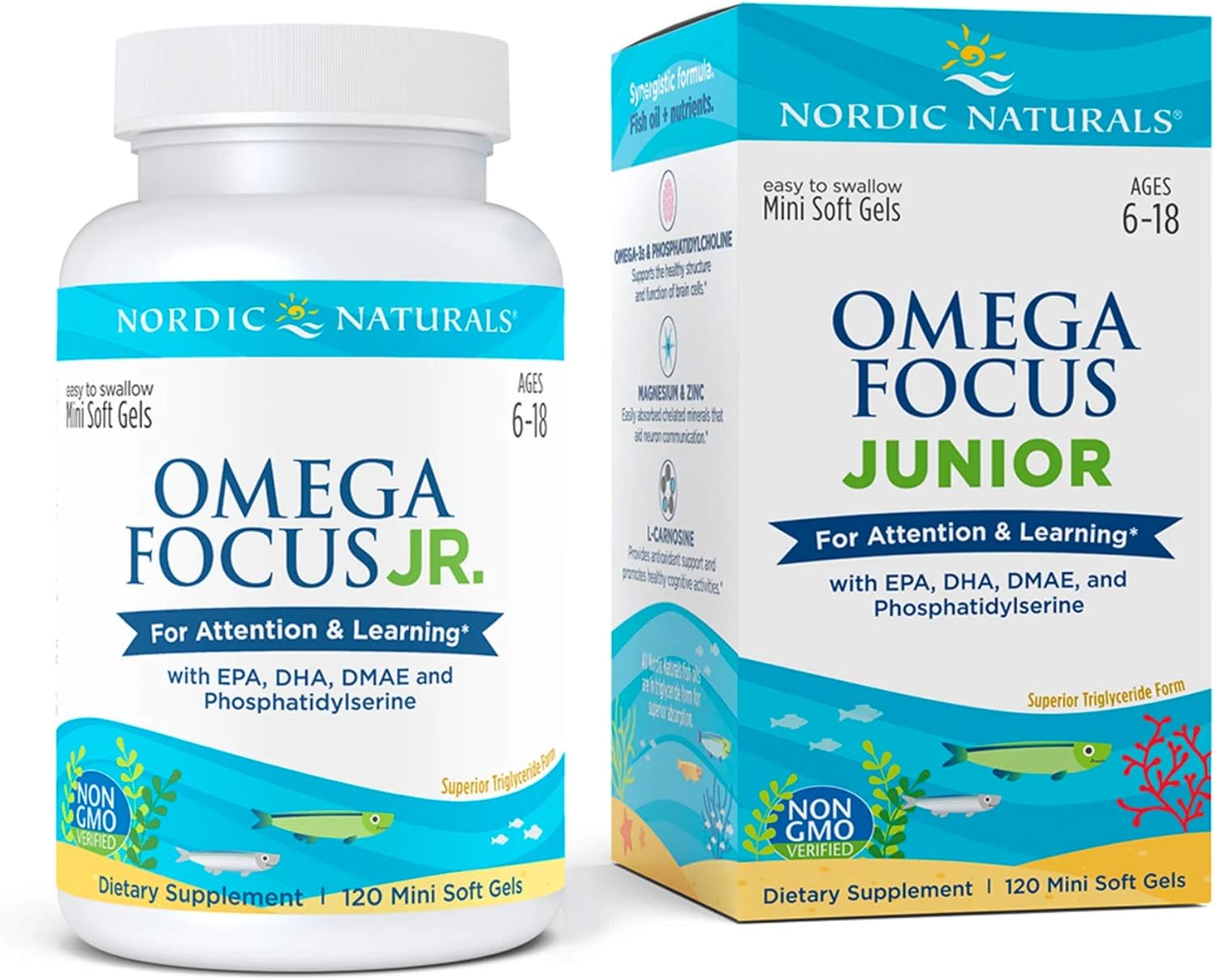 Nordic Naturals Omega Focus Jr., Lemon - 120 Mini Soft Gels - 900 mg Total Omega-3s with EPA, DHA, DMAE & Phosphatidylserine - Attention, Learning - Non-GMO - 30 Servings