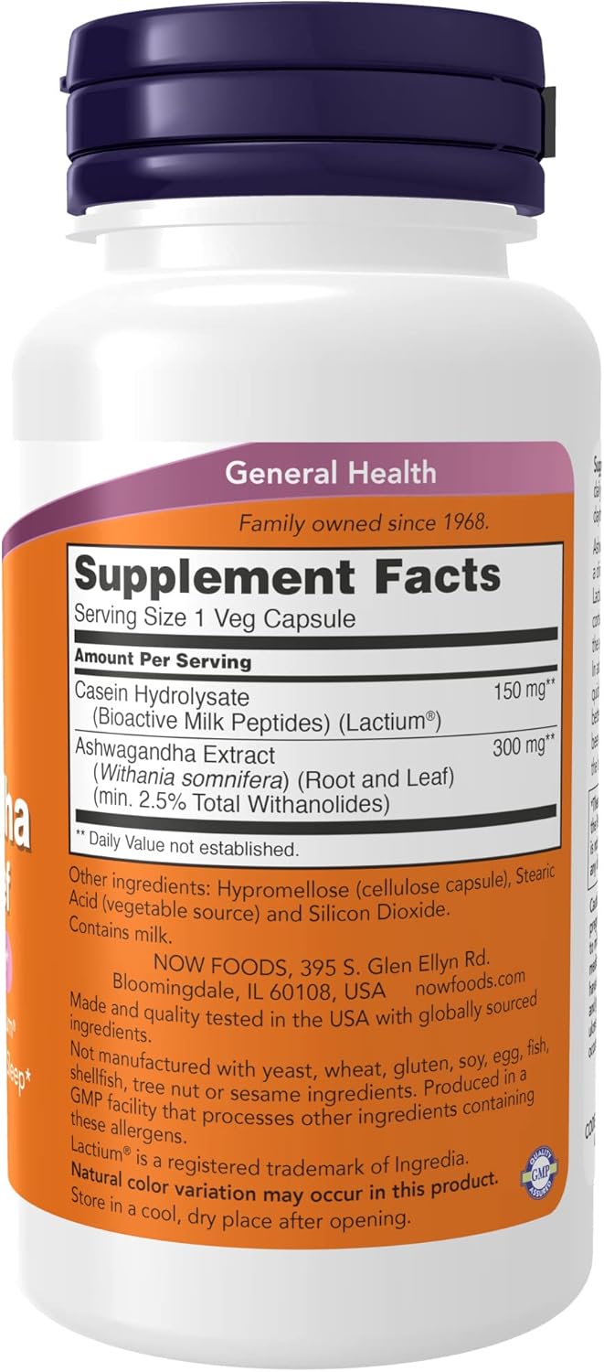 NOW Supplements, Ashwagandha Stress Relief, Mood and Sleep Suppor*, with clinically Studied Lactium®, Promotes Relaxation and restful Sleep*, 60 Veg Capsules