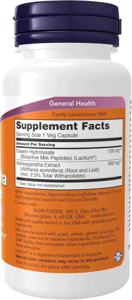 NOW Supplements, Ashwagandha Stress Relief, Mood and Sleep Suppor*, with clinically Studied Lactium®, Promotes Relaxation and restful Sleep*, 60 Veg Capsules