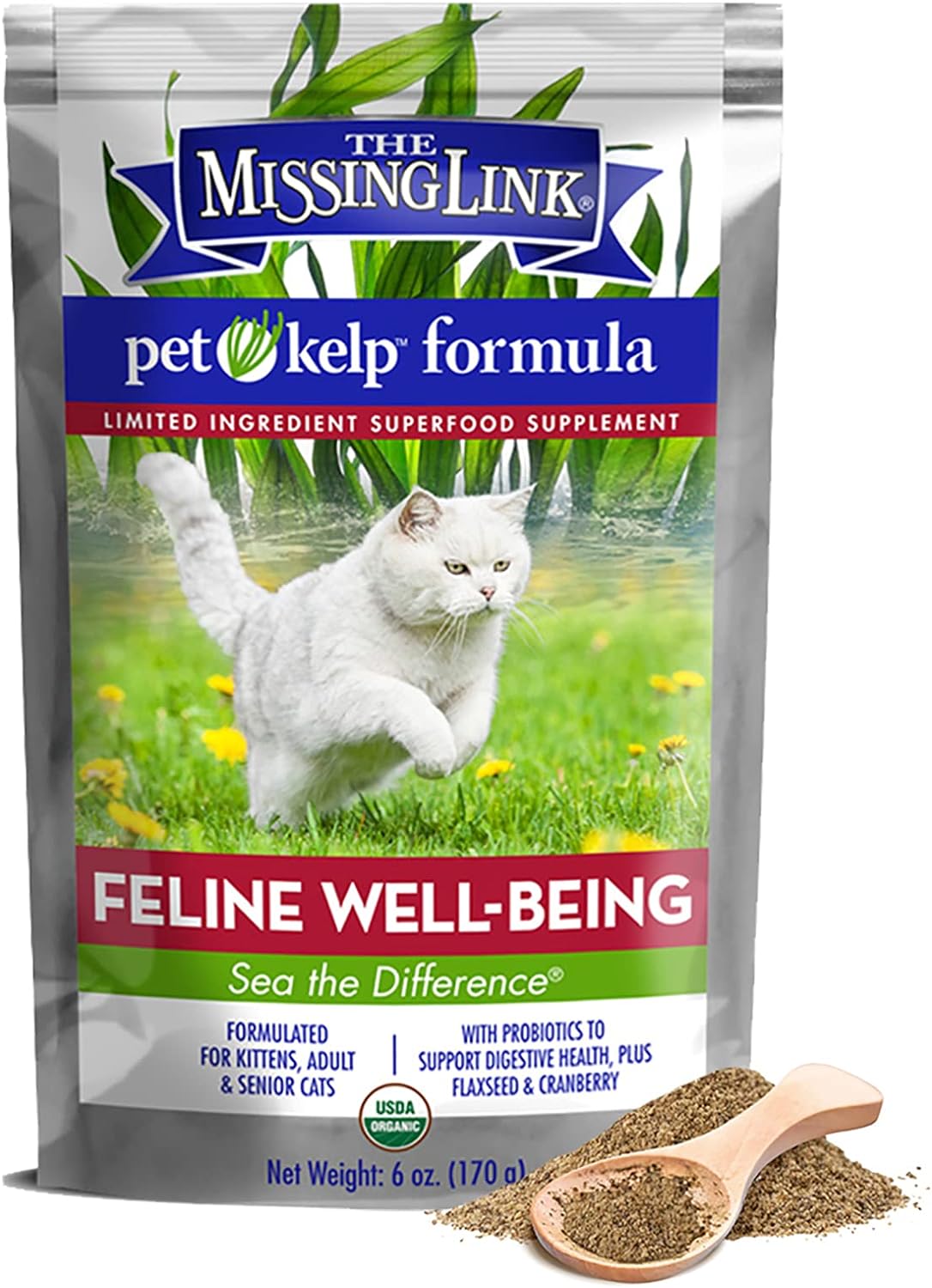 The Missing Link Pet Kelp Feline Well-Being 6Oz Superfood Powdered Supplement, Organic & Limited Ingredient Formula For Digestive & Overall Health Of Cats