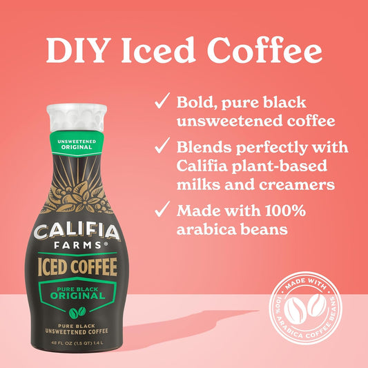 Califia Farms - Pure Black Original Iced Coffee, 48 Oz, Cold Brew Coffee, Dairy Free, Plant Based, Vegan, Gluten Free, Non Gmo, Ice Coffee, Beverage