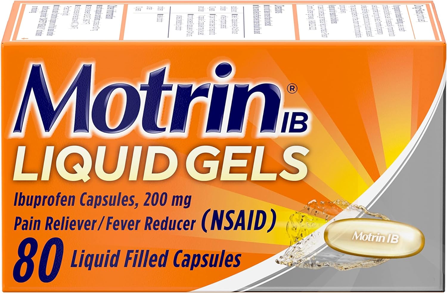 Motrin IB Liquid Gels, Ibuprofen 200 mg, Pain Reliever & Fever Reducer Minor Arthritis Pain, Muscular Aches, Headache, Menstrual Cramps & Backache, NSAID, 80 Ct
