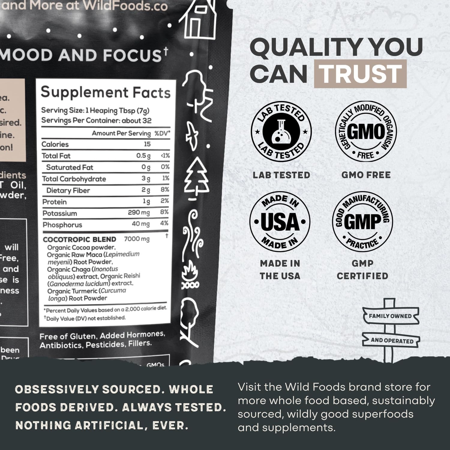Wild Cocotropic Organic Mushroom Cocoa Mix - Healthy Vegan Hot Chocolate Mix - Organic Cacao Powder, Reishi, Chaga, Maca, Turmeric - 3Rd Party Tested - Sugar Free - Keto & Paleo - (2 Packs Of 16Oz)