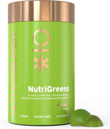 Nutriburst - Nutrigreens - 22 Fruits + Vegetables + Herbs + Mushrooms + Live Bacteria Cultures - Boosted With Vitamins: Zinc, Vit C, D3, B5, B6, B12-60 Gummies 1 Month Supply - Suitable For Vegans