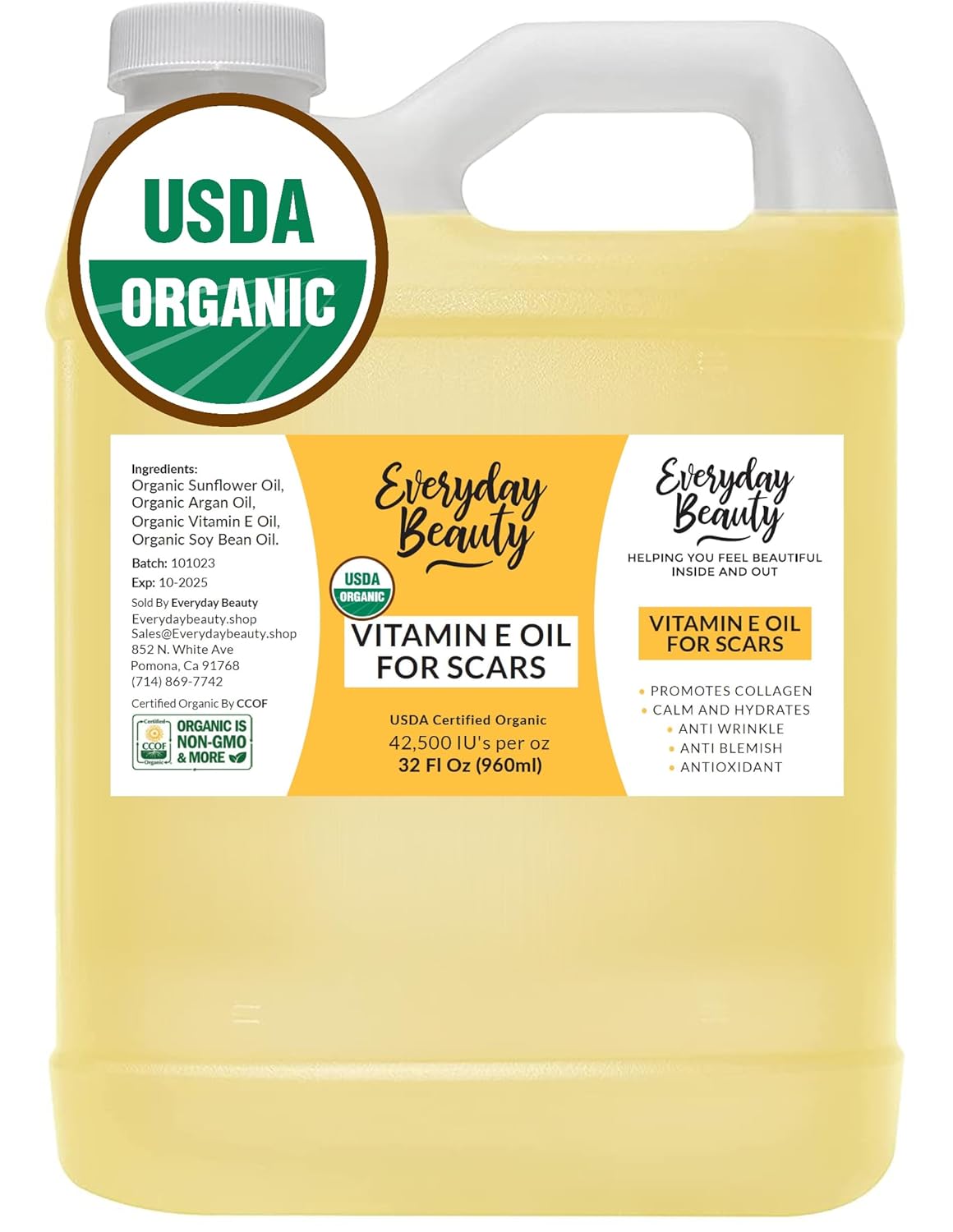 Organic Vitamin E Oil Bulk - 32Oz Usda Certified 100% All Natural Plant Based - Light And Unscented Great For Scars After Surgery - For Face, Skin And Nails - Anti-Aging, Reduce Appearance Of Wrinkles
