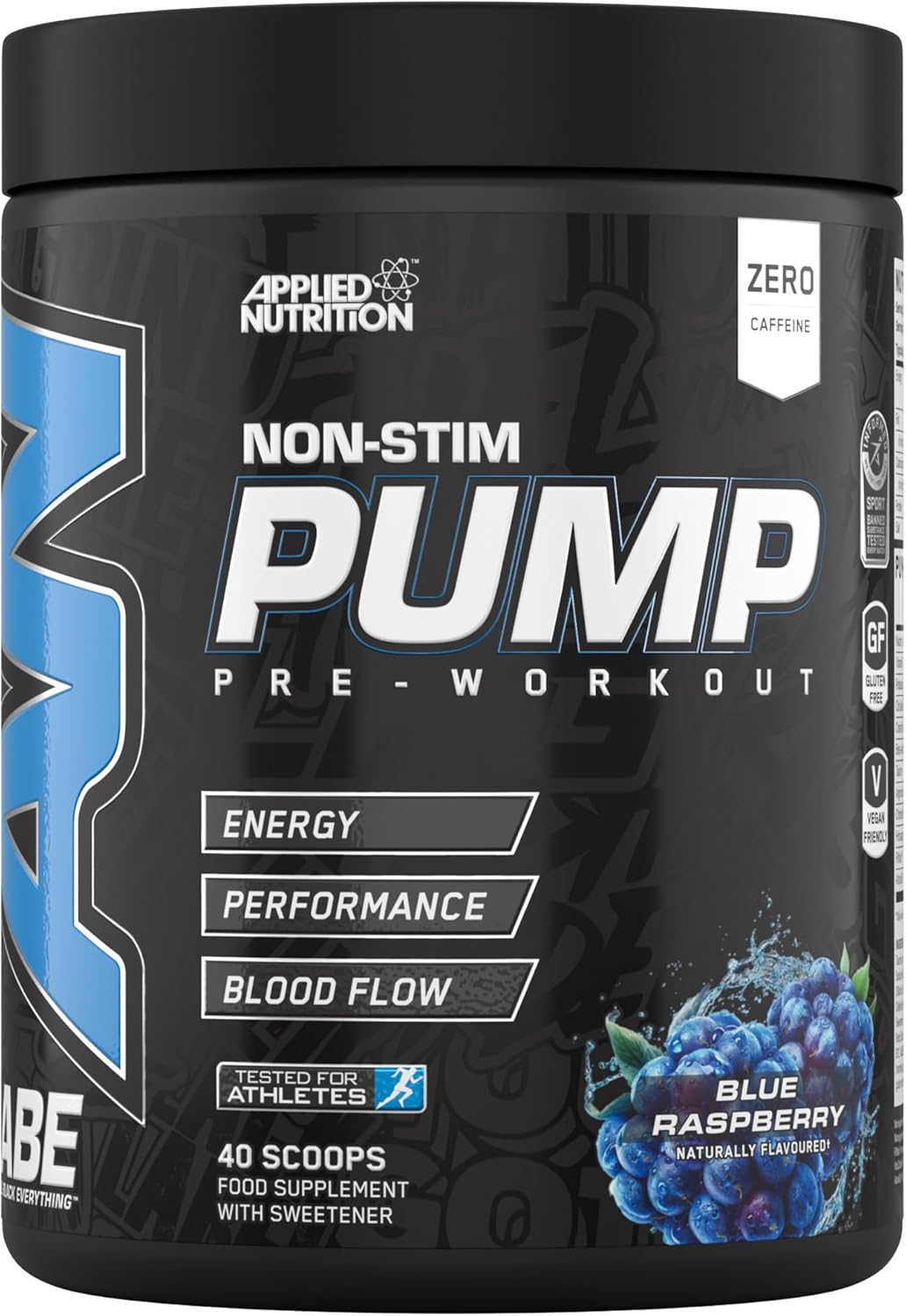 Applied Nutrition Abe Pump Pre Workout - All Black Everything Stim Free Pump Pre Workout Powder | Pump, Energy & Strength With Citrulline, Creatine, Beta-Alanine (500G - 40 Servings) (Blue Razz)