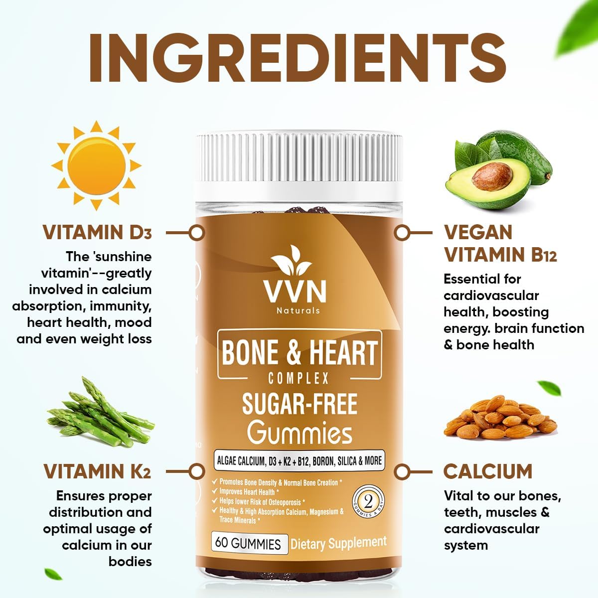 VVN Naturals Vegan Calcium Gummies K2 Vitamin Supplement with MK-7 & Vitamin D3, Magnesium & 13 Trace Minerals, Supporting Bone Density | Plant Based | B12 - Bone & Heart Complex, 60 ct. : Health & Household