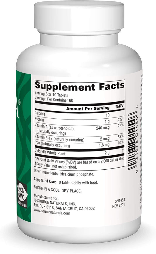 Source Naturals Yaeyama Chlorella Green Superfood, Plant-Based B12* - 200 Mg, 600 Tablets