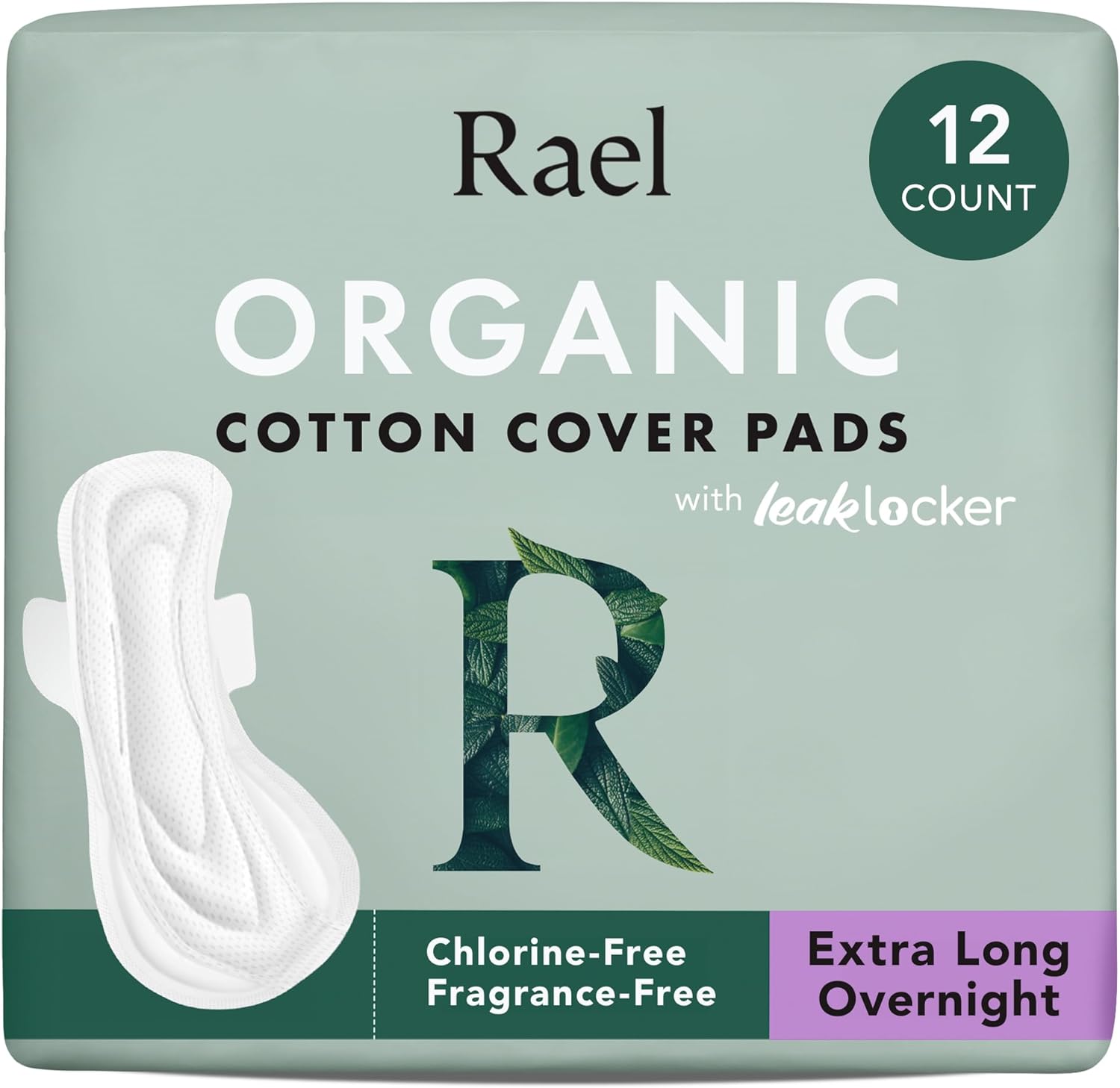 Rael Pads For Women, Organic Cotton Cover - Period Pads With Wings, Feminine Care, Sanitary Napkins, Heavy Absorbency, Unscented, Ultra Thin (Extra Long Overnight, 12 Count)