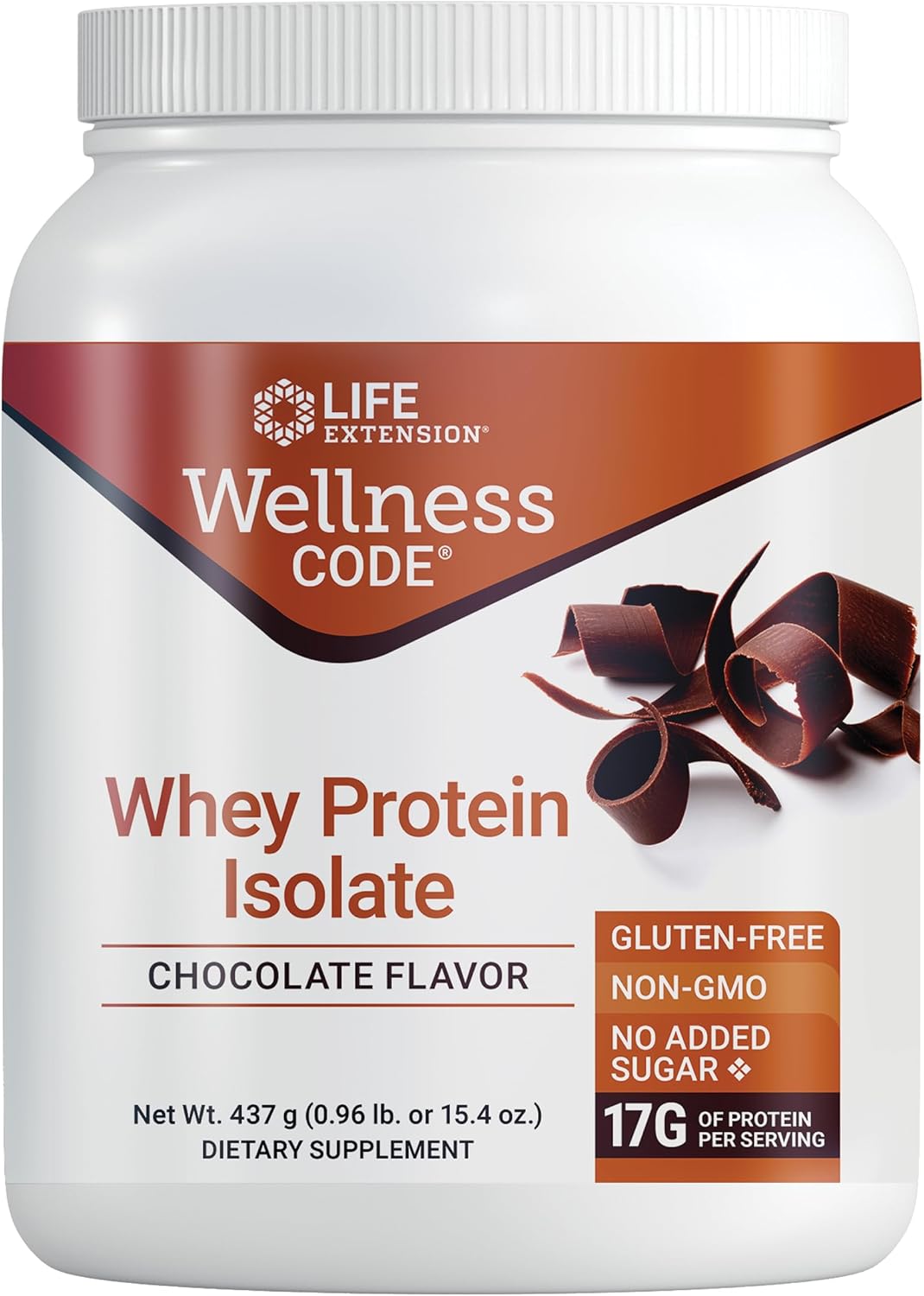 Life Extension Wellness Code Whey Protein Isolate Chocolate Supports Muscle Growth & Immune Health â€“ Gluten-Free, Non-GMO â€“ No Added Sugar â€“ 15.